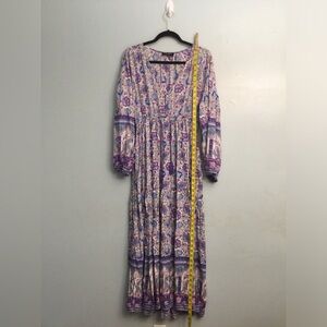 FEW MODA Purple and Pink Pleated V-Neck Long Sleeve Sundress